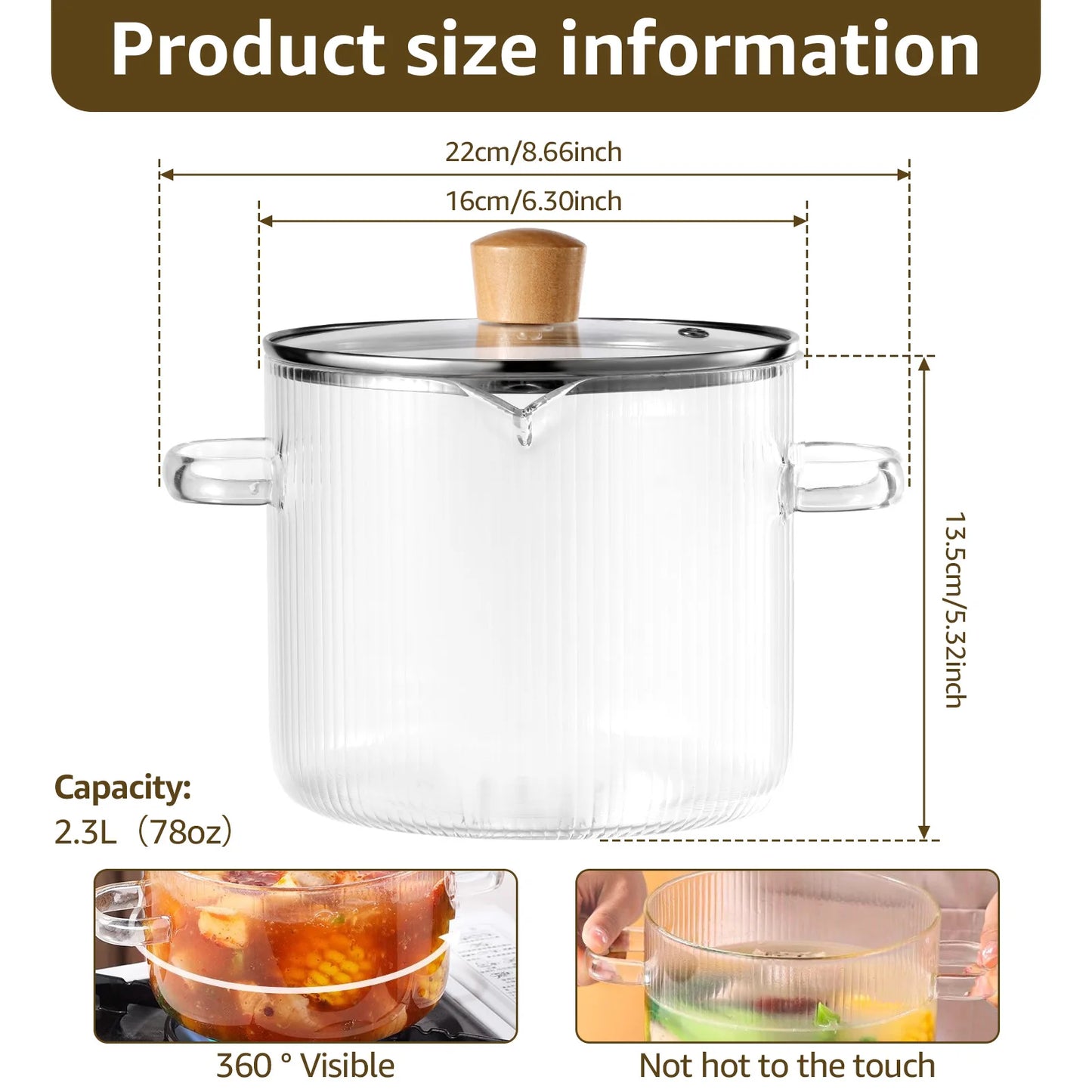 Olla de cocina de vidrio de 1600ML/2300ML, olla de fuego de vidrio de borosilicato transparente con tapa, ollas de estofado multifuncionales para cocinar en la cocina