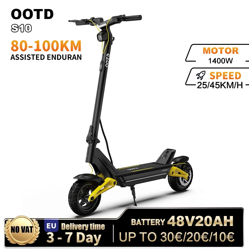 Patinete eléctrico OOTD S10, aplicación de enlace Bluetooth de 10 pulgadas, 1400W, 48V, 20AH, 55 KM/H, kilometraje máximo, 70km, patinete ligero, suspensión Dual