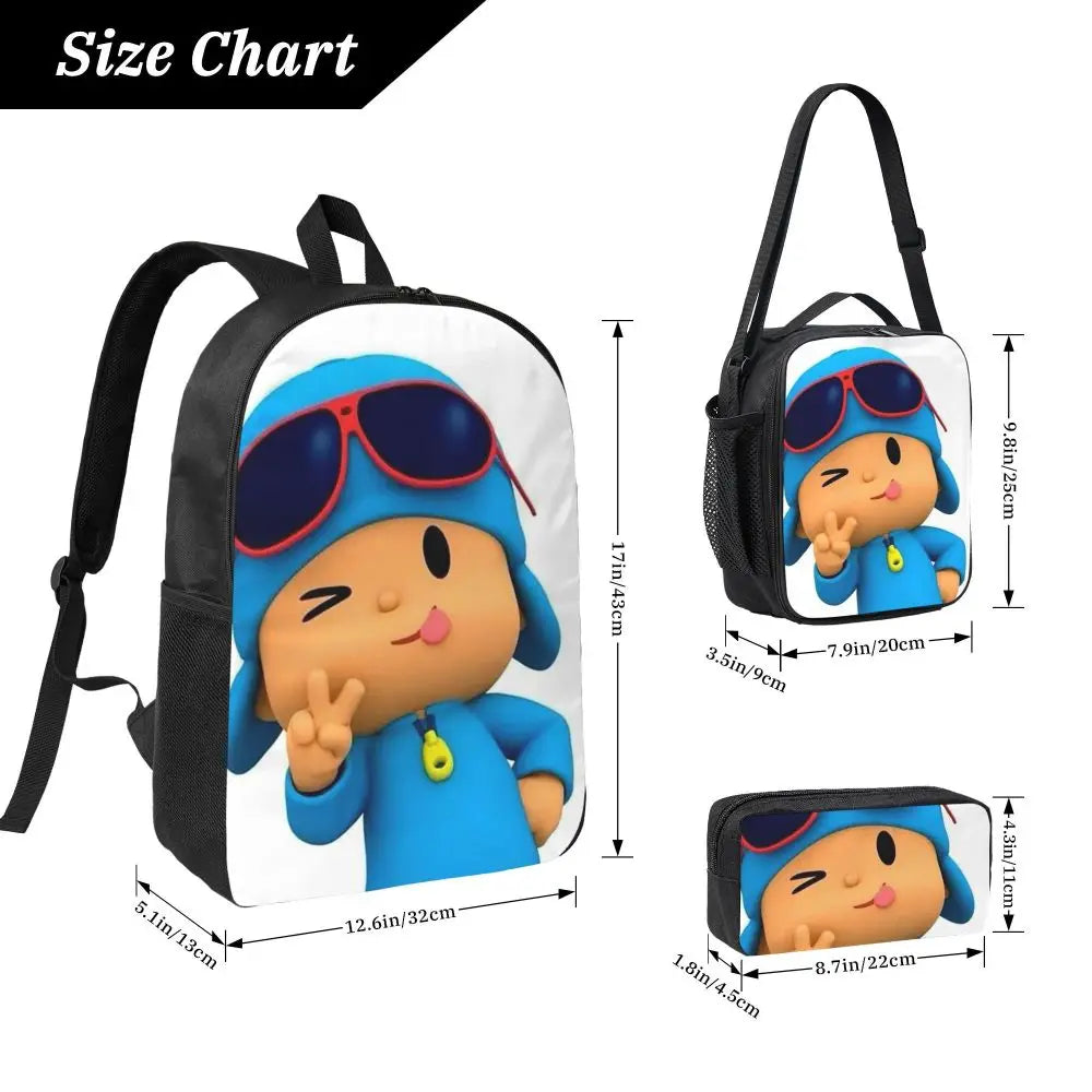 Mochila azul de dibujos animados de Pocoyo para niños, mochila escolar, bolsos de hombro para ordenador, bolsa de almuerzo aislada de 3 piezas, estuche para lápices