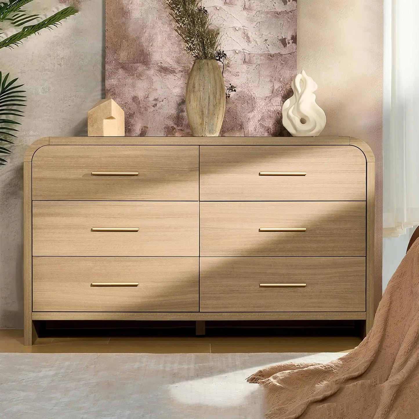 Curved 6-Drawer Dresser 54" Wide Modern Chest Vanity TV Stand Closet Nursery Hallway Oak, Customized