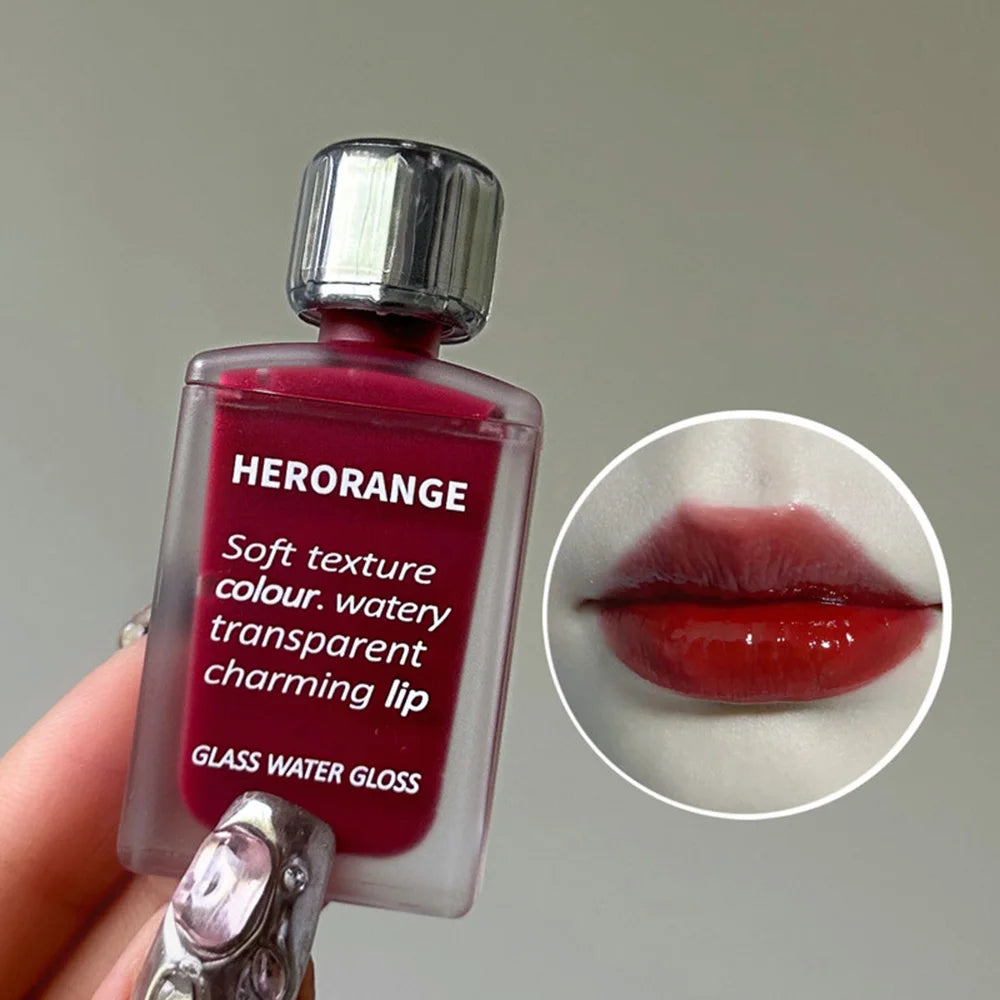 Brillo de agua de vidrio ligeramente, esmalte de labios Herorange, espejo hidratante, labios regordetes, no es fácil de pegar en la taza, maquillaje de larga duración
