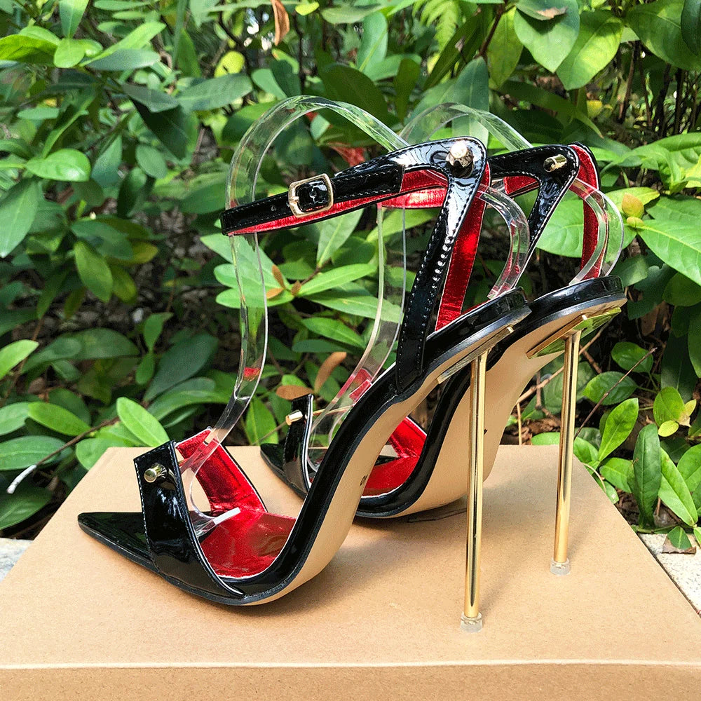 Zapatos de tacón de aguja para mujer, tacones altos de Metal de 12cm, sandalias sexis con correa en el tobillo y punta puntiaguda, modelo fetiche SM Man Drag Queen, zapatos Unisex