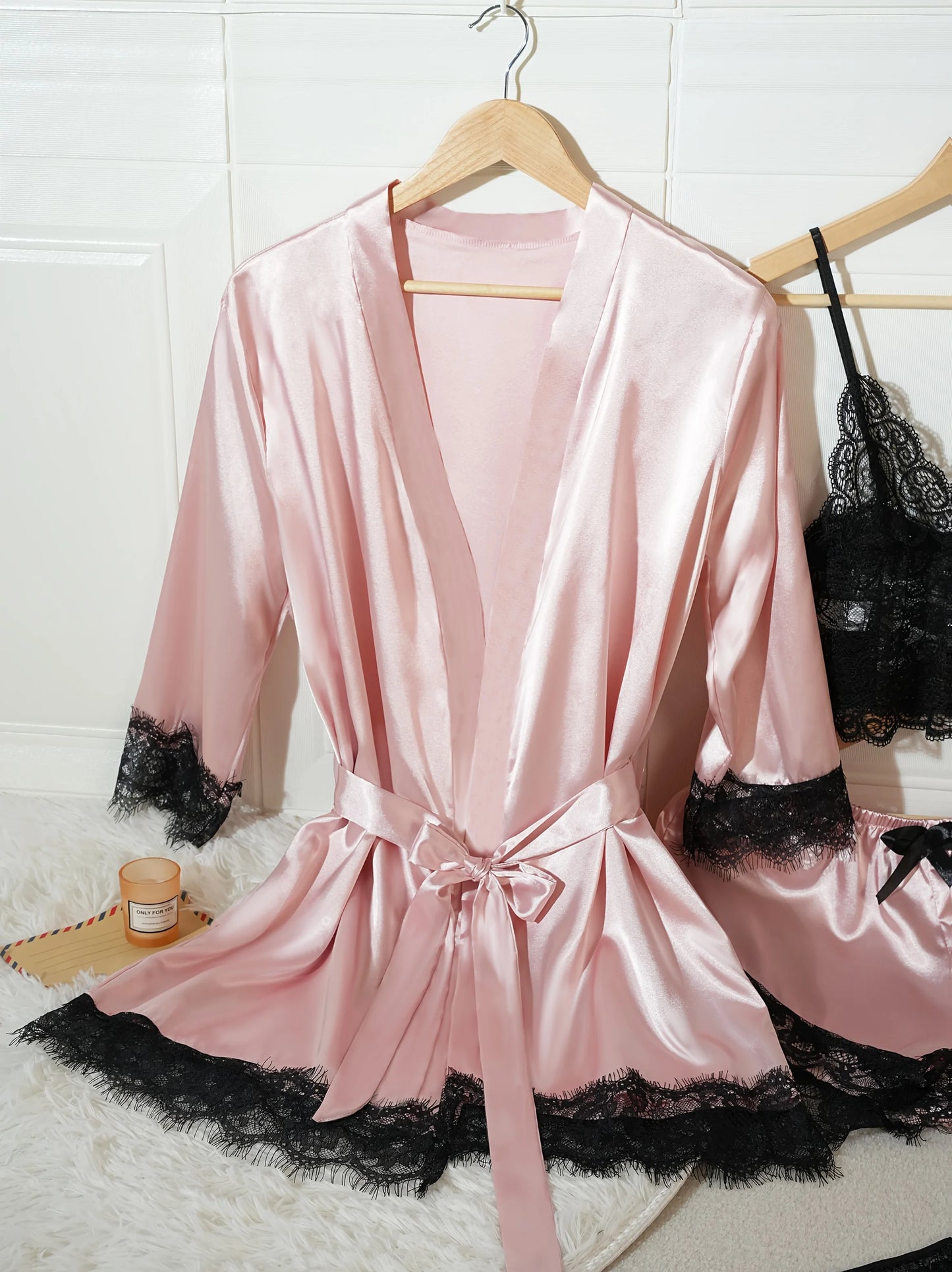 Conjunto de pijama de satén para mujer, bata de lencería de encaje, ropa de dormir Sexy de seda, camisón de satén suave, camisón, 4 Uds.