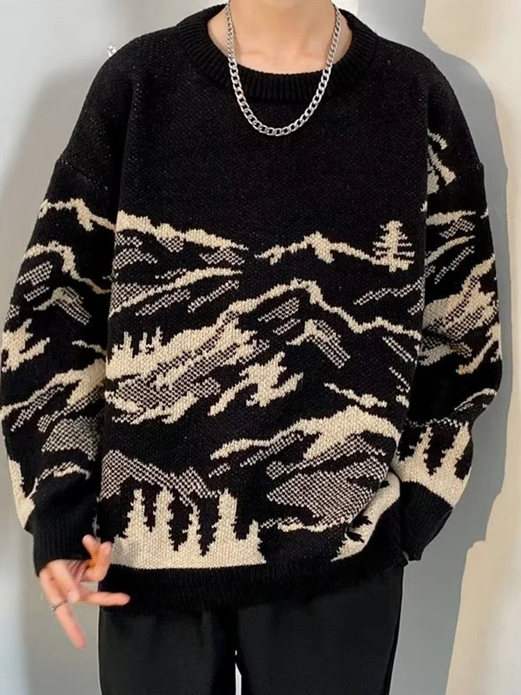 Suéteres de Jacquard con gráfico de montaña para hombre, jerséis de punto informales de manga larga Y2K, prendas de punto Vintage con cuello redondo, otoño