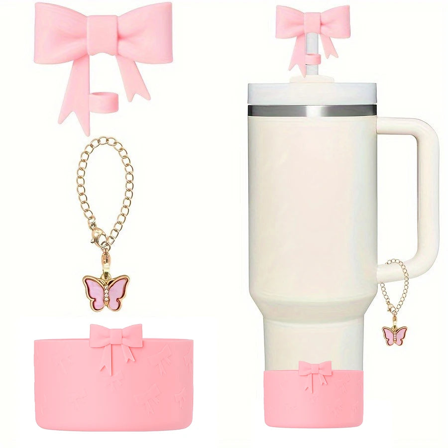 Juego de 3 Cubiertas de Silicona para Vasos con Diseño de Lazo y Cadena de Mariposa Rosa, Accesorios para Vasos de 30/40 oz ﻿