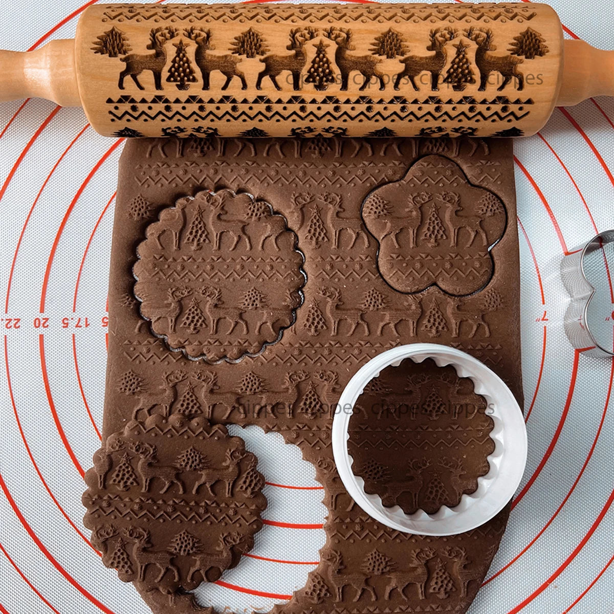 Rodillo navideño con patrones de flores de reno, molde para galletas 3D en relieve de madera grabado con láser, herramientas para hornear DIY, rodillo de masa