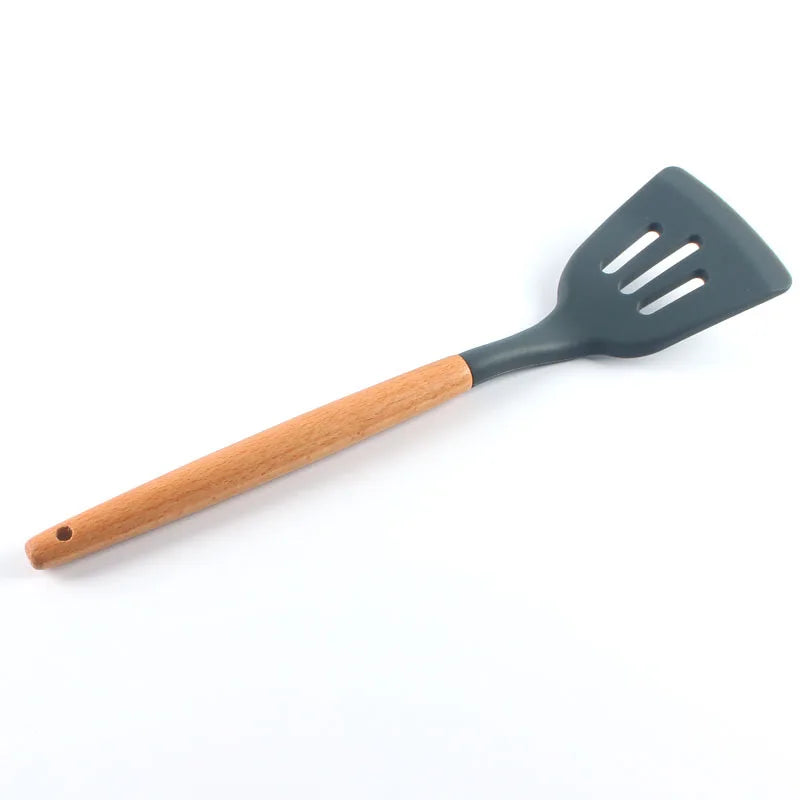 Juego de 12 utensilios de cocina de silicona con mango de madera, espátula antiadherente, cuchara para sopa y freír