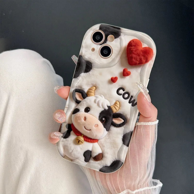 Funda de Teléfono con Diseño de Vaca de Dibujos Animados en Relieve para iPhone 17 16 15 14 13 12 11 Pro Max XS X XR 15 14 Plus 17 Air 16E, Cubierta Suave