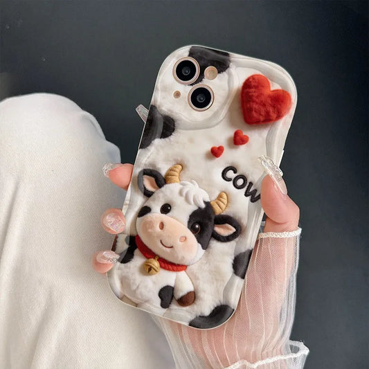 Funda de Teléfono con Diseño de Vaca de Dibujos Animados en Relieve para iPhone 17 16 15 14 13 12 11 Pro Max XS X XR 15 14 Plus 17 Air 16E, Cubierta Suave