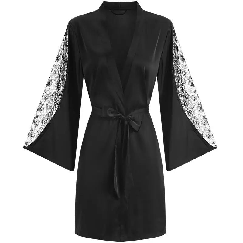 Sexy Intimate Lingerie Perspective Nightwear Lace Patchwork Home Wear Robe Suit Lady Kimono Gown Sleepwear Satin Nighty Bathrobe