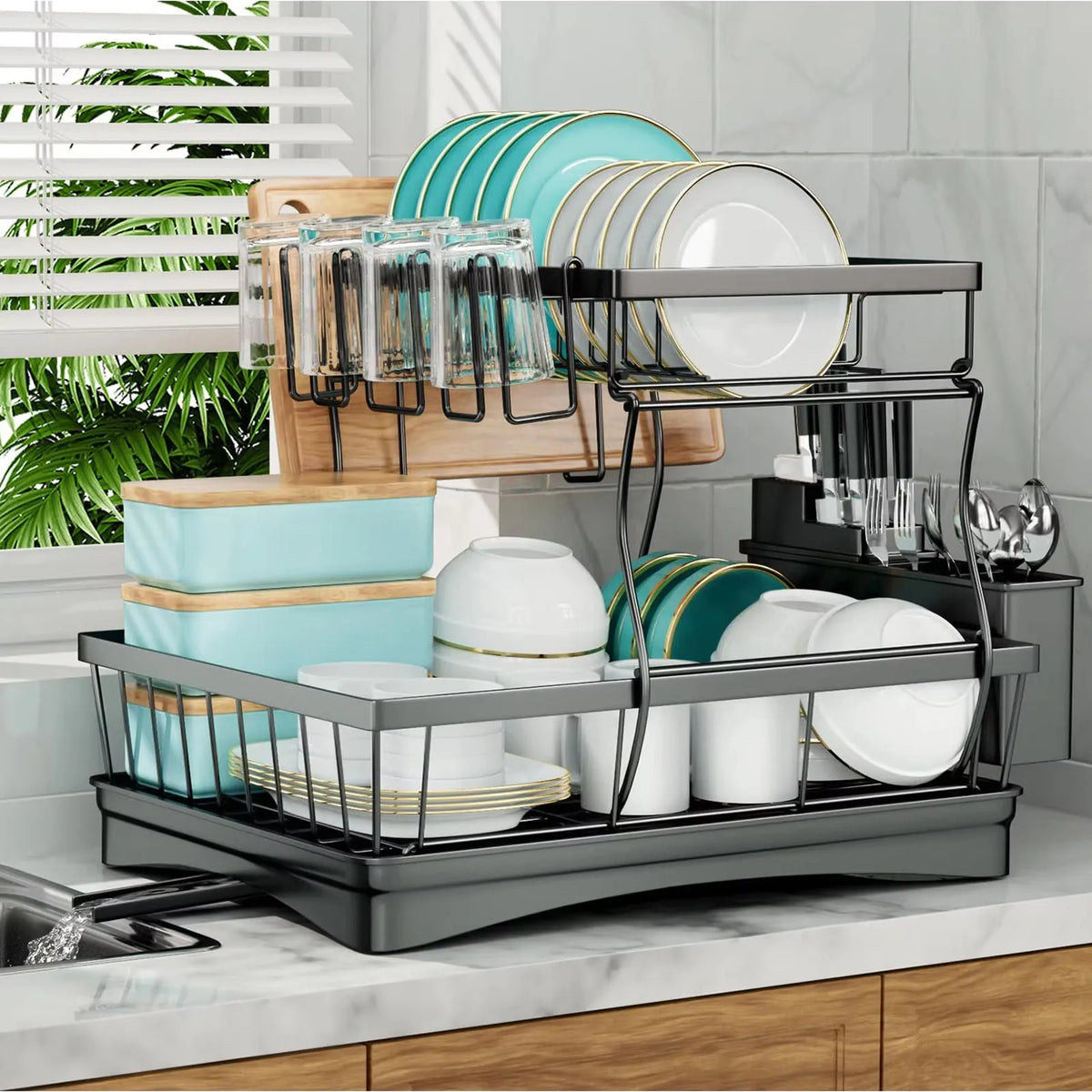 Escurridor de platos grande de 2 niveles para encimeras de cocina, escurridor de platos extraíble de gran capacidad