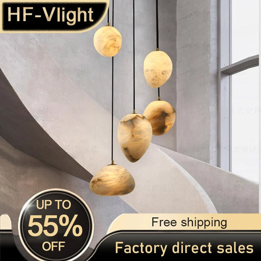 Iluminación colgante de piedra de mármol de alabastro de diseño moderno de alta gama, lámpara de decoración de escalera de isla de cocina española, lámpara de techo LED