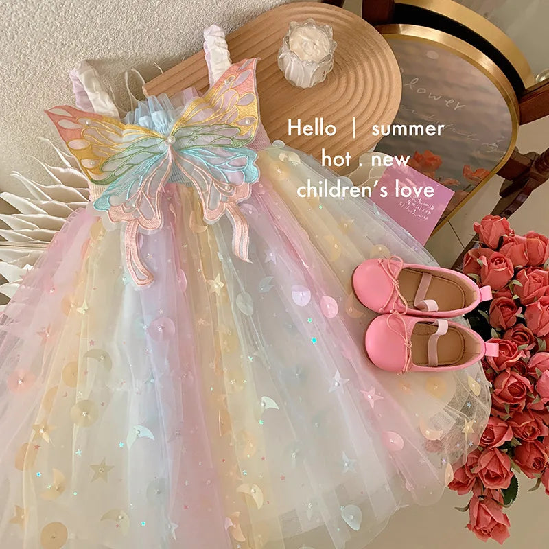 Camiseta sin mangas para niña, vestido de princesa para bebé, elfo de ensueño, mariposa arcoíris, novedad de verano