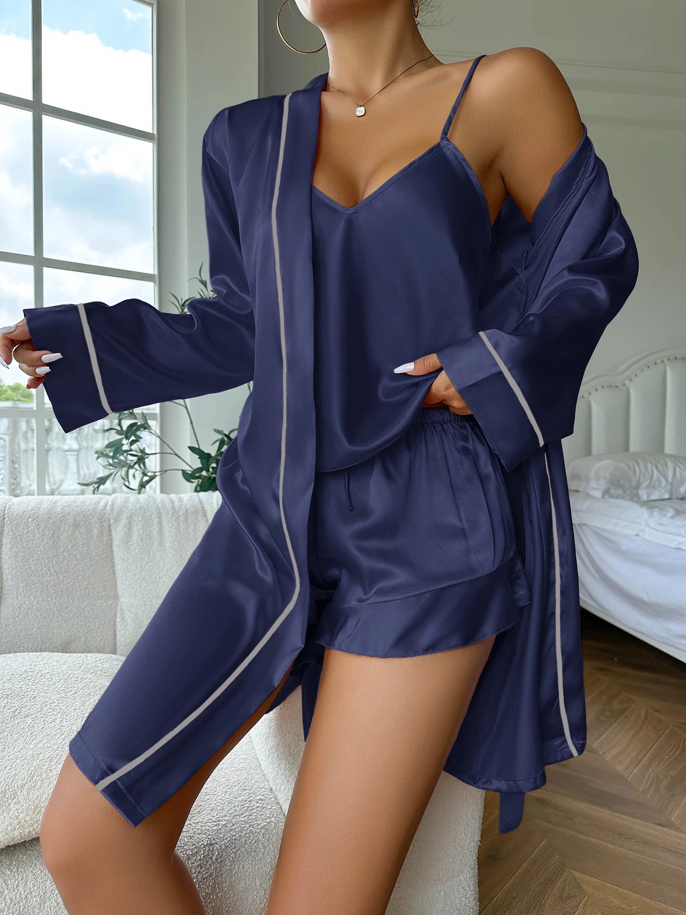 Conjunto de pijama de satén simple, bata con cinturón de manga larga, camisola con cuello en V, top y pantalones cortos, ropa de dormir para mujer