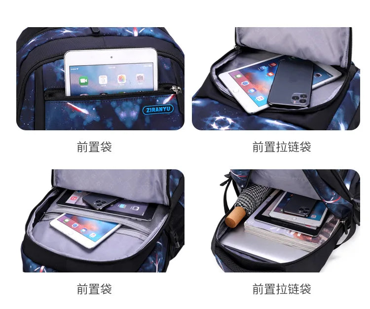 Nuevo conjunto de 3 uds de mochilas para niños, bolso escolar con patrón de cielo estrellado para estudiantes, bolso escolar impermeable con bolsa de almuerzo, estuche para lápices