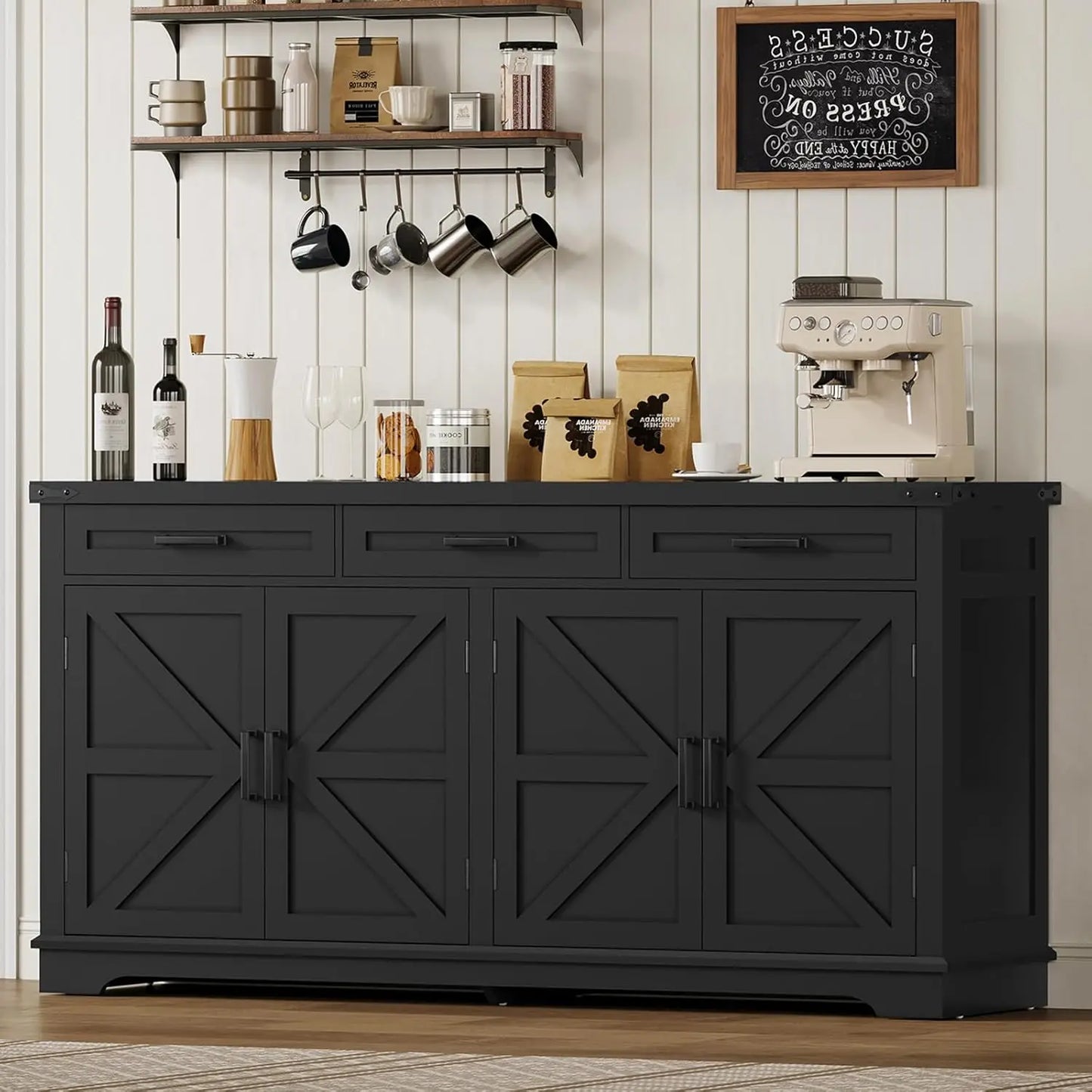 59" Large Buffet Cabinet with 4 Doors 3 Drawers Adjustable Shelves Coffee Wine Bar Storage Living Room, Customized