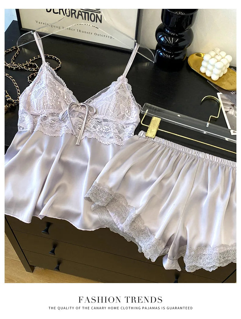 Conjunto de pijamas con tirantes para mujer, ropa de salón, lencería íntima de encaje calado Sexy, ropa de dormir, novedad de verano, Top y pantalones cortos con tirantes, ropa de casa