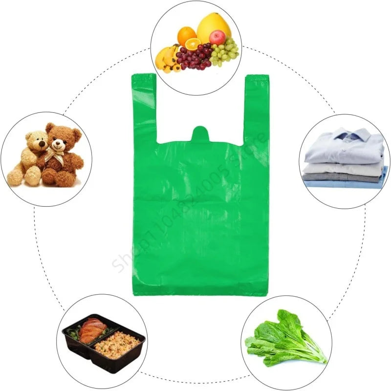 Bolsa de plástico verde de 100 Uds., bolsa de chaleco desechable con asa para cocina, sala de estar, embalaje de alimentos limpios, bolsa de compras para supermercado