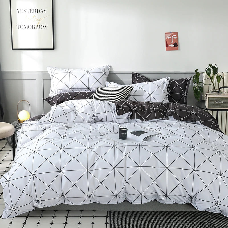 Funda de edredón Reversible, juego de cama de 3 piezas, funda de edredón geométrica en blanco y negro con 2 fundas de almohada, Queen y King