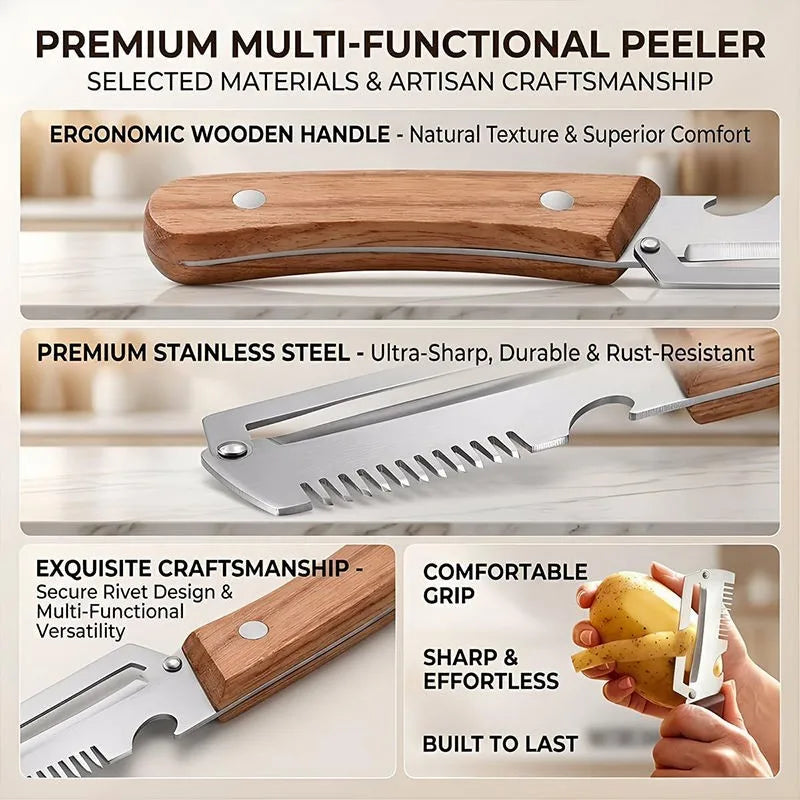 Juego de 2 peladores de cocina de acero inoxidable con mango de madera para pelar y cortar frutas y verduras, herramienta de cocina