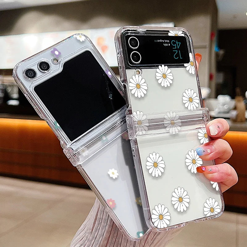 Funda de teléfono transparente con diseño de flor de amor para Samsung Galaxy Z Flip7 FE Flip 7 6 5 4 3 5G Flip5 Flip6, funda dura para PC a prueba de golpes