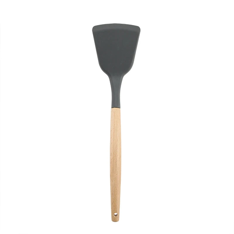 Juego de utensilios de cocina de silicona resistentes a altas temperaturas, pala con mango de madera, cuchara con fugas, herramienta, utensilio de cocina, accesorios para hornear