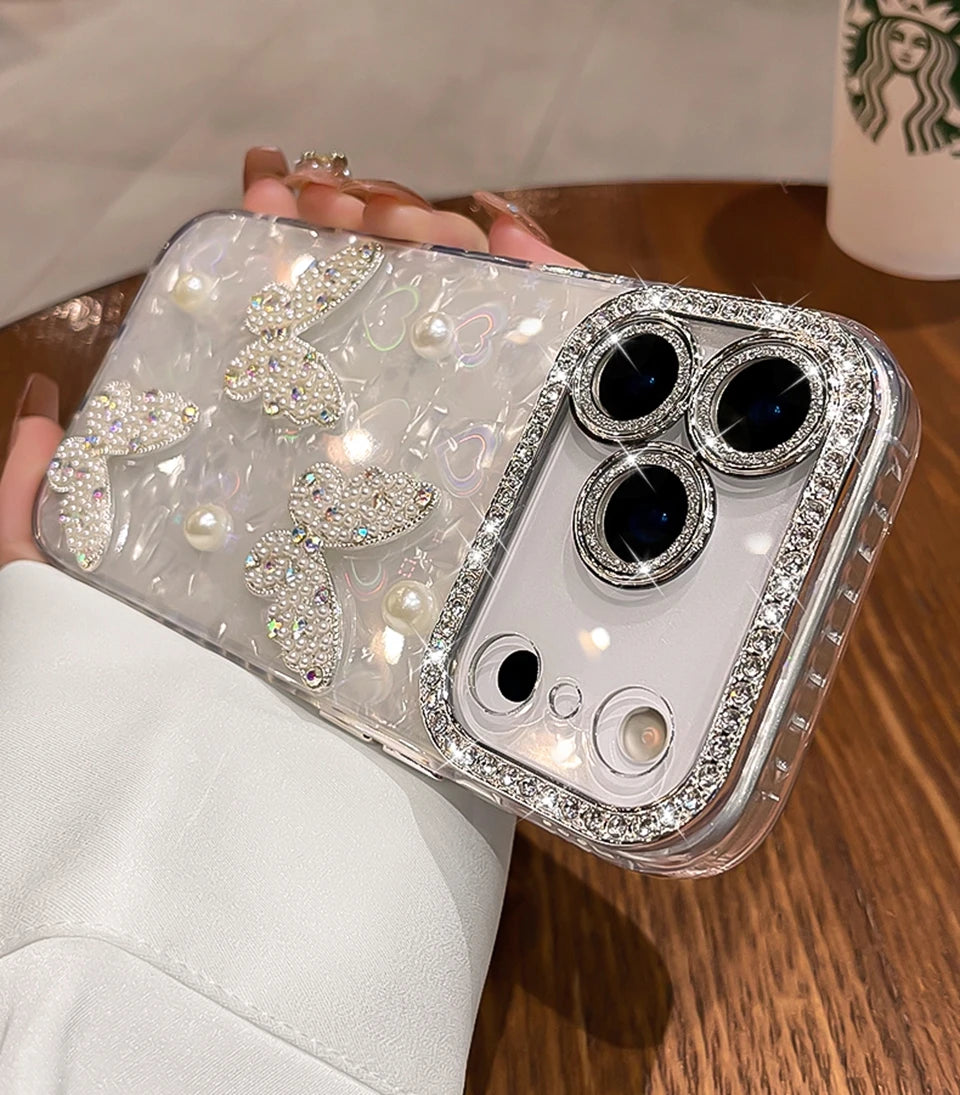 Funda de teléfono con purpurina y diamantes para iPhone 17 Air 11 12 13 16 Pro Max 15 14 16 Plus 17Pro Max, funda protectora de mariposa bonita