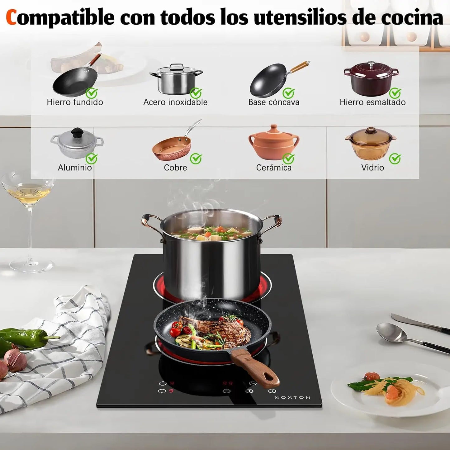 NOXTON Placa vitroceramica 2 Fuegos, 3000W, vitrocerámica 60 cm, Ajuste de 9 velocidades, Bloqueo de seguridad, Indicador de calentamiento, Mandos táctiles