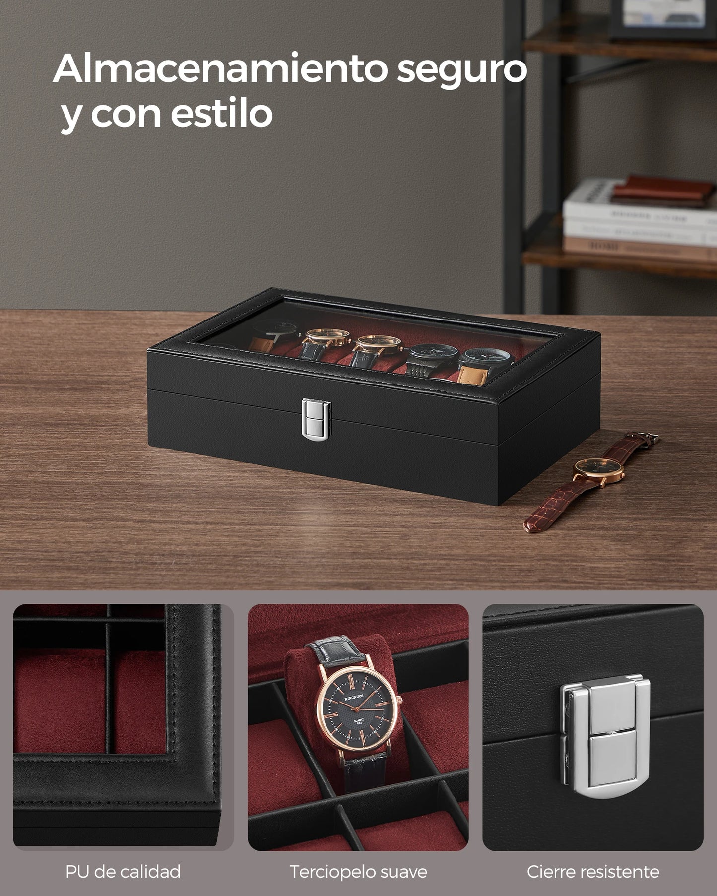 SONGMICS Caja de reloj con 12 ranuras, forro gris verdastro/forro rojo vino/forro beige capuchino/forro beige verdoso