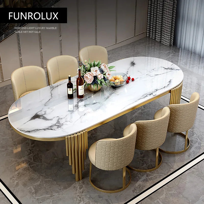 Juego de comedor de acero inoxidable, muebles para el hogar, mesa de comedor de mármol moderna
