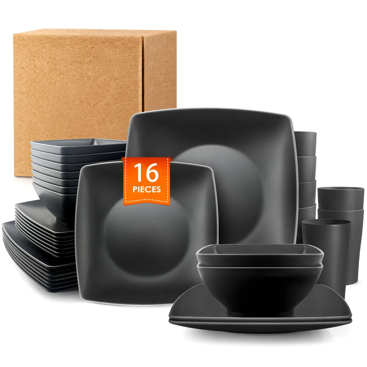 Juego de Vajilla de 16/32 Piezas, Plato Cuadrado para Carne, Tazón para Ensalada, Plato Cuadrado, Tazón, Taza, Ecológico y Duradero