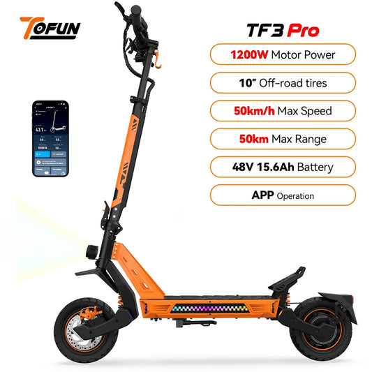 Patinete Eléctrico TOFUN TF3 PRO 1200W con APP, Velocidad Máxima 50 km/h, Autonomía 40-50 km, 48V 15.6Ah, Neumáticos de 10 Pulgadas, 4 Modos, Plegable