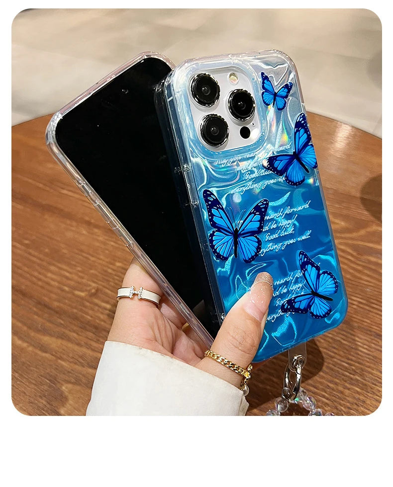 Funda de teléfono de arena con plumas graduales plateadas y mariposas de lujo para iPhone 16 15 14 13 12 11 Pro Max X XR 7 8 Plus, funda con cordón