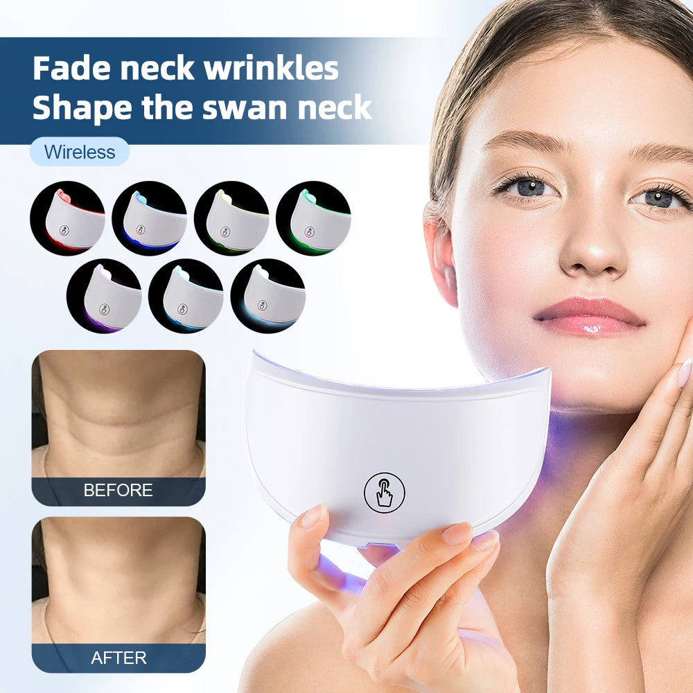 Máscara LED para el cuello, 7 colores, fotones, antiarrugas, brillo de la piel, máscara de belleza para el cuello, estiramiento de la piel, eliminador de arrugas del cuello, cuidado de la piel