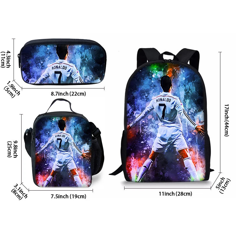 Juego de tres piezas de jugador de fútbol CR7, mochilas para niños y niñas, los mejores regalos, mochila escolar de dibujos animados en 3D para niños