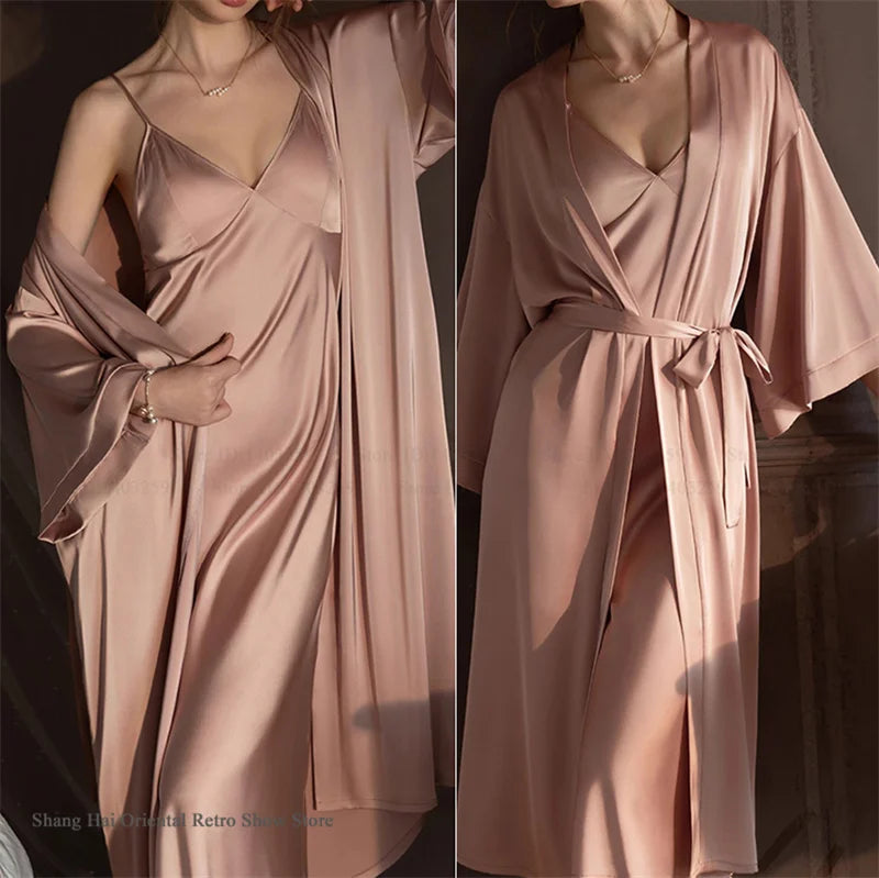Elegante Conjunto de Bata Larga para Mujer, Lencería Sexy, Ropa de Dormir, Kimono Holgado, Bata de Baño, Vestido de Casa de Satén Sedoso, Ropa de Estar