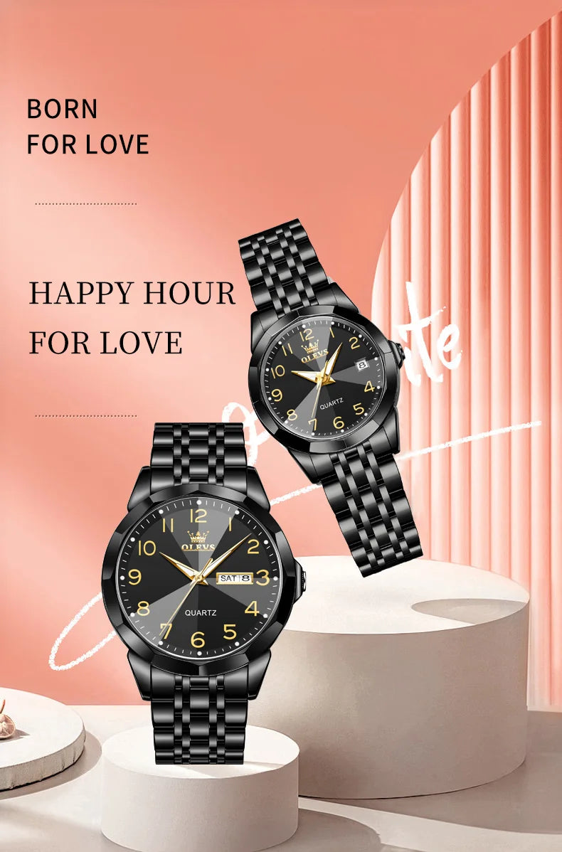 OLEVS 9970 reloj de lujo para parejas, reloj de pulsera con calendario resistente al agua de acero inoxidable para hombres y mujeres, reloj para amantes del espejo con rombos y esfera Digital