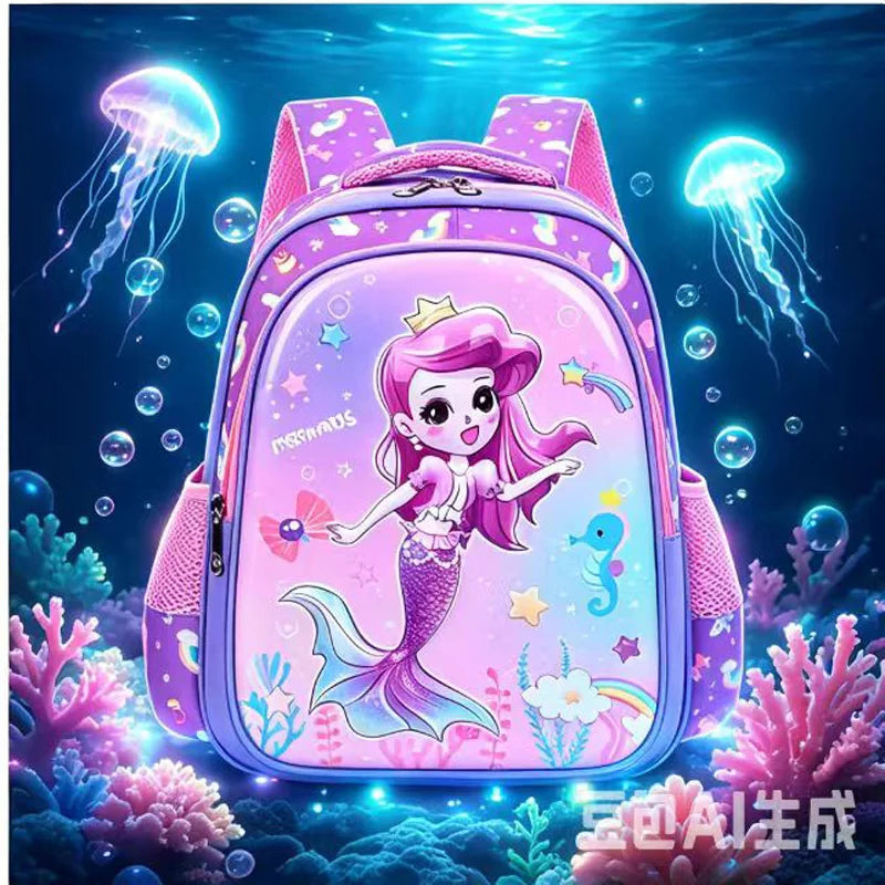 Mochila Infantil Morada para Niña, Mochilas Escolares Primarias, Mochilas de Jardín de Infancia, Mochila Escolar 3D con Diseño de Sirena, Linda Mochila de Hombro para Niños