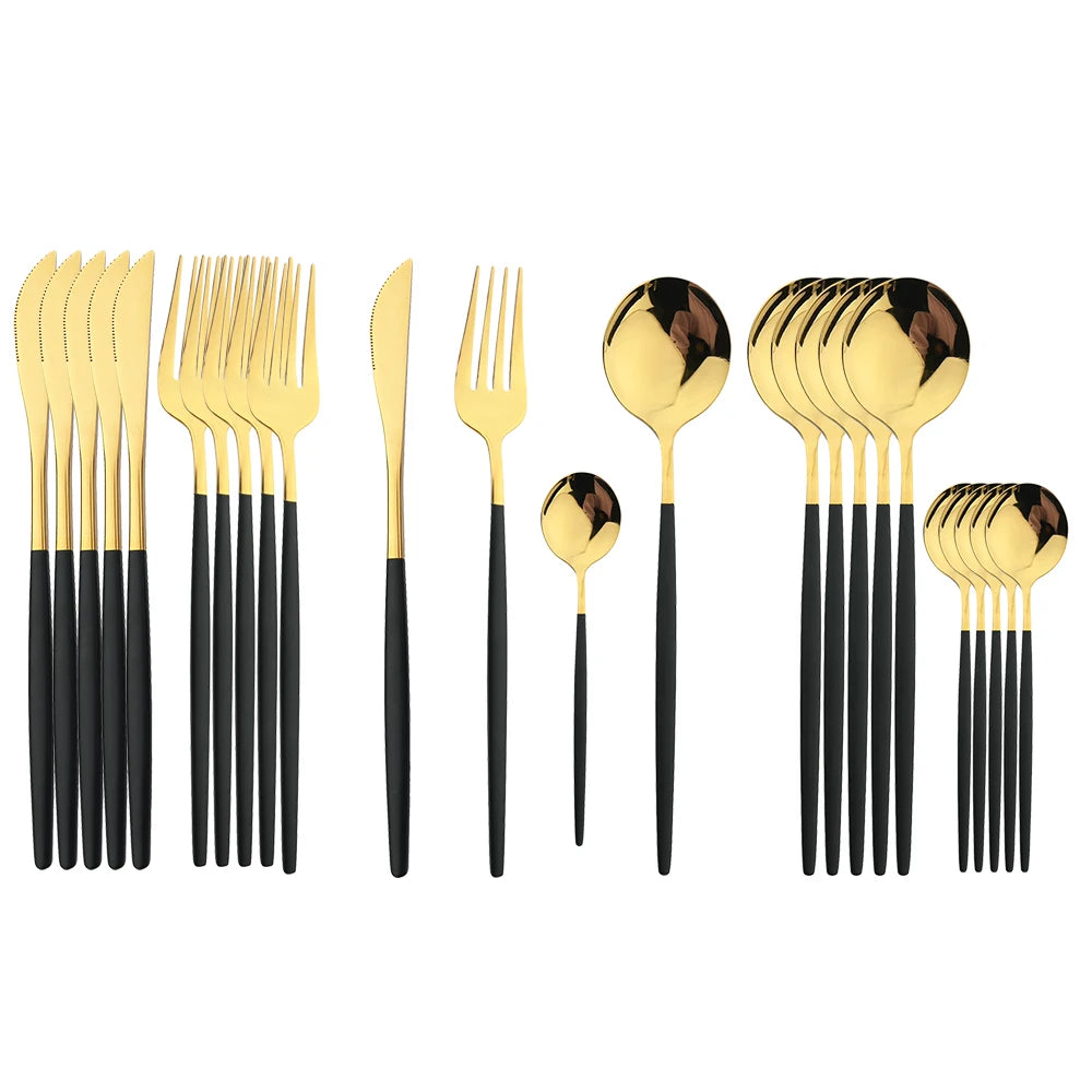 Juego de cubiertos dorados con mango negro, 24 Uds., cuchillo de acero inoxidable, tenedor, cuchara, vajilla, juego de cubiertos, vajilla de cocina para Festival, regalo