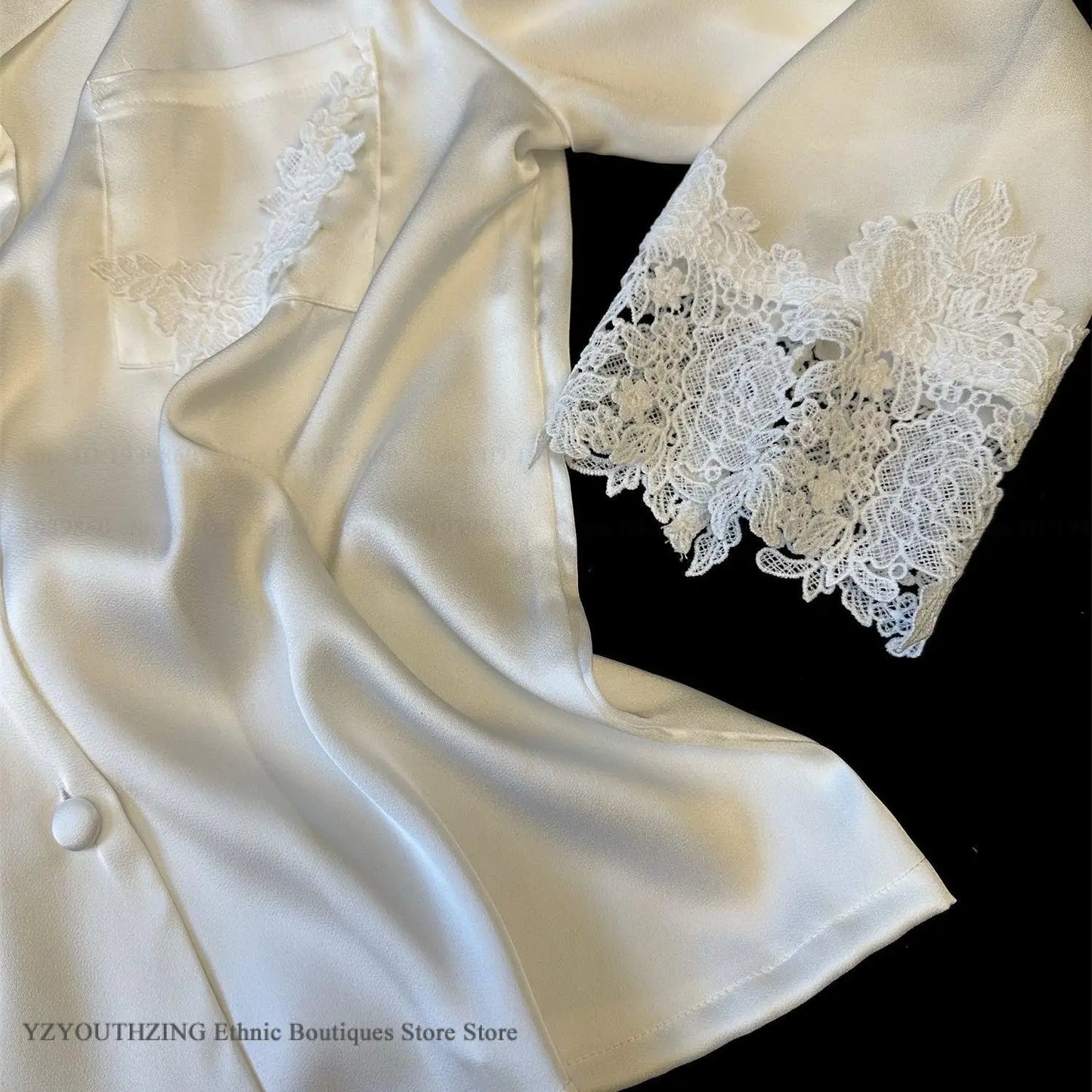Conjunto de pijamas para mujer, ropa de dormir de satén blanco con encaje, ropa de dormir para novia y boda, regalo para el hogar, traje de pantalón holgado Sexy de manga larga, ropa de descanso