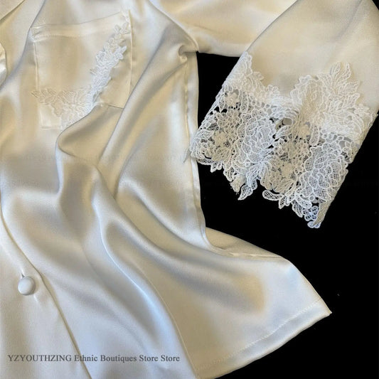 Conjunto de pijamas para mujer, ropa de dormir de satén blanco con encaje, ropa de dormir para novia y boda, regalo para el hogar, traje de pantalón holgado Sexy de manga larga, ropa de descanso