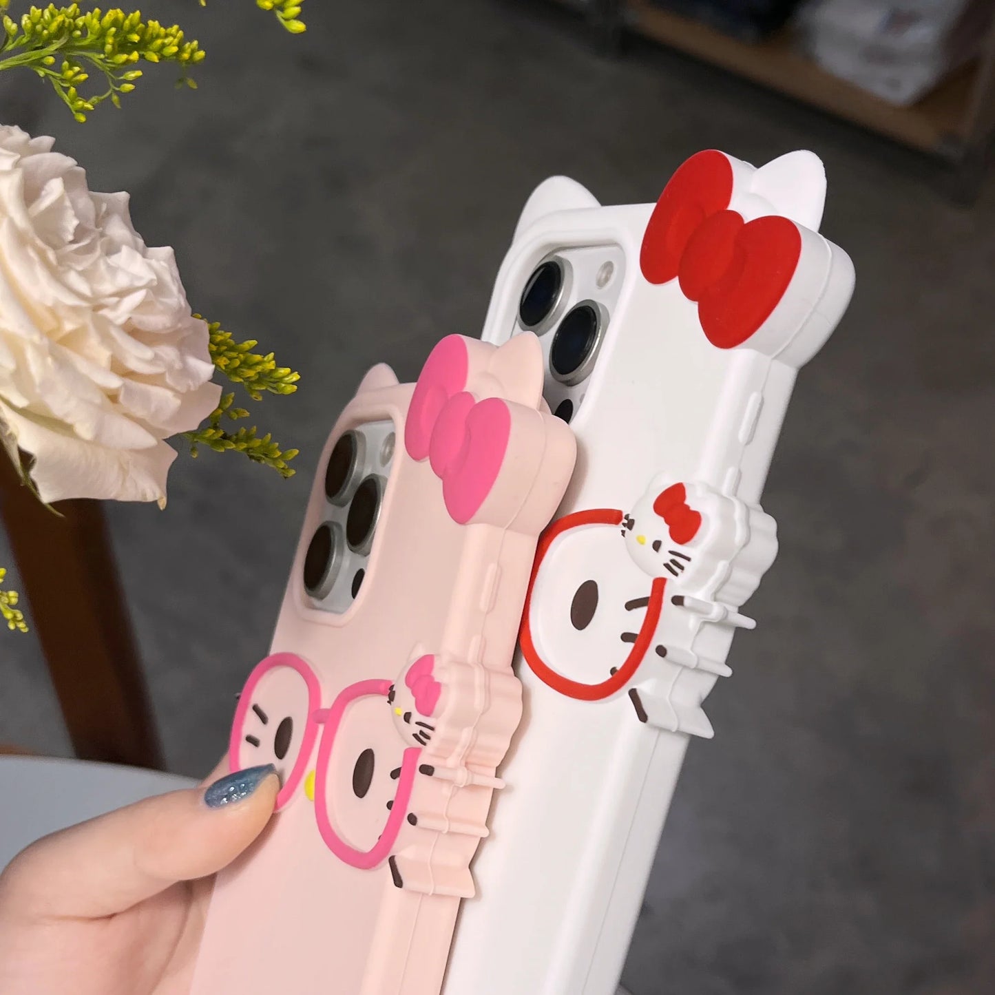 Funda de teléfono estereoscópica 3D para iPhone 17 16 15 14 13 12 11 Pro Max, fundas con lazo de Hello Kitty de dibujos animados bonitos de Sanrio, funda de silicona suave