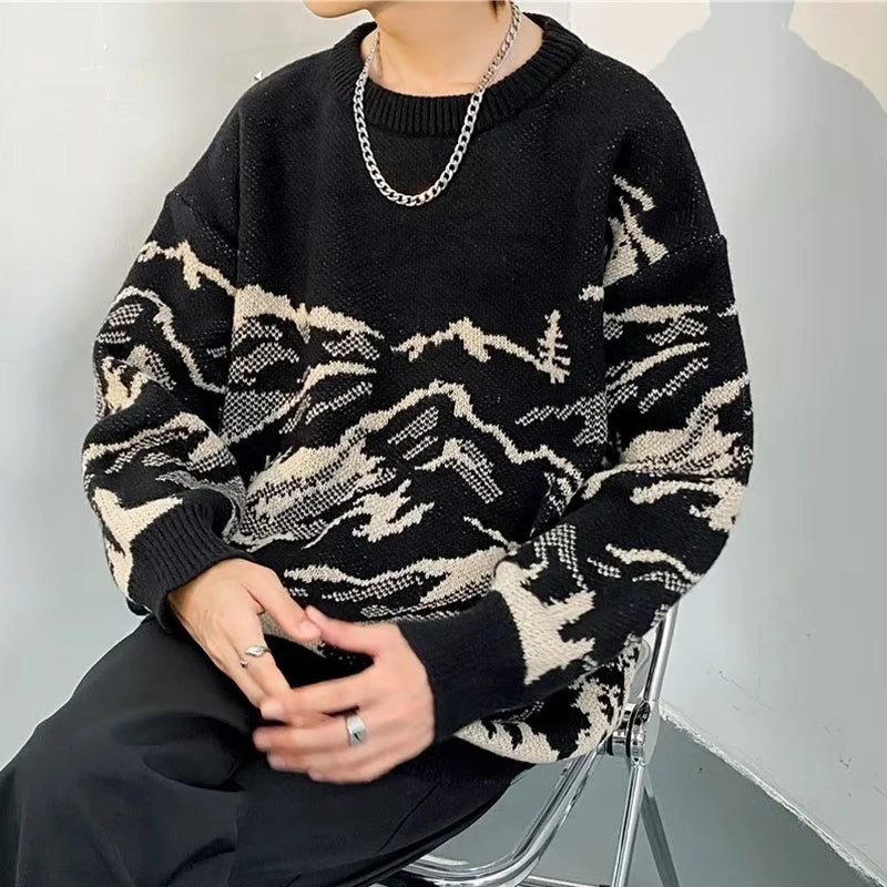 Suéteres de Jacquard con gráfico de montaña para hombre, jerséis de punto informales de manga larga Y2K, prendas de punto Vintage con cuello redondo, otoño