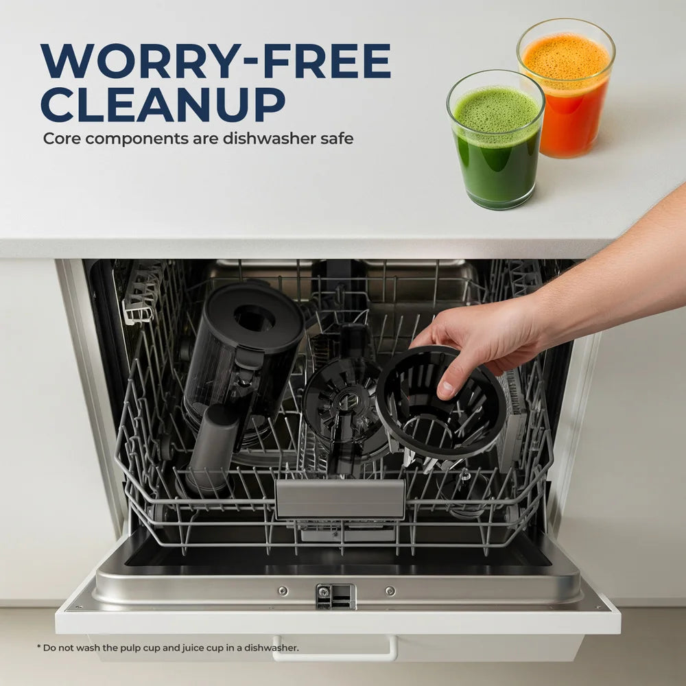 ROUNY Exprimidor lento, extractor de prensa en frío con sin filtro, máquina exprimidora de frutas eléctrica de fácil limpieza con gran calibre, negro