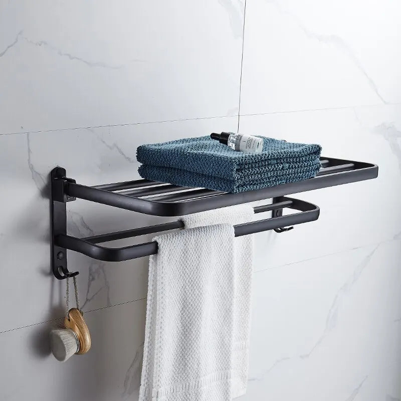 Soporte plegable negro mate de 50cm con gancho, soporte para toallas de pared, soporte para toallas de aluminio