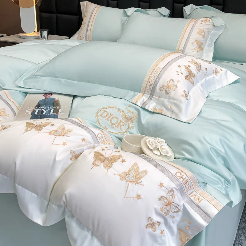 Juego de cama 100% de algodón, edredón bordado de mariposa dorada de lujo/funda nórdica, juegos de sábanas ajustadas, fundas de almohada, textiles para el hogar