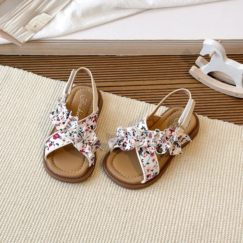 Sandalias de verano para niña, con punta abierta, con gancho y lazo, elegantes, zapatos planos para niños, colores sólidos, ligeros, cómodos, informales, para uso diario, zapatos para niños 23-33