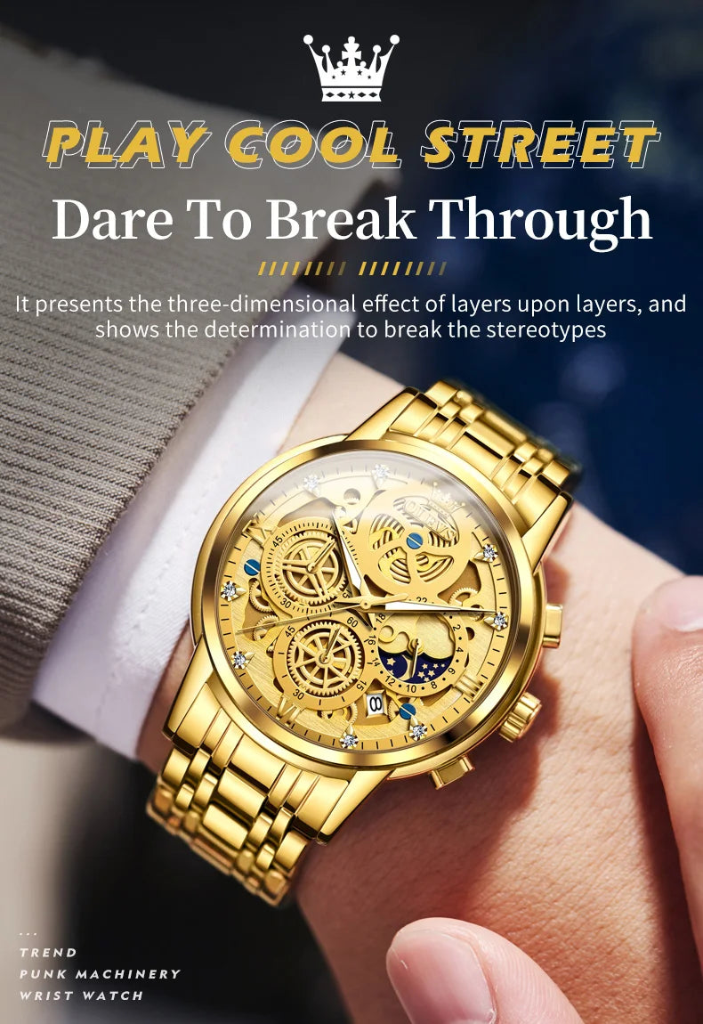 Relojes OLEVS para hombre, marca superior, reloj de cuarzo Original resistente al agua de lujo para hombre, estilo esqueleto dorado, 24 horas de día y noche, nuevo