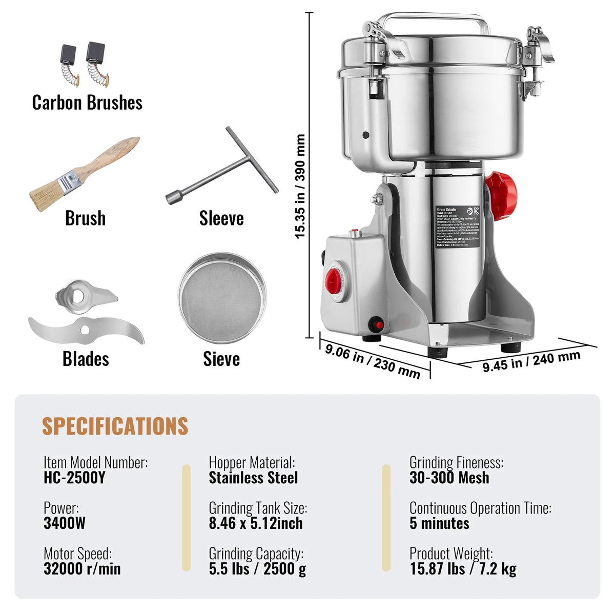 SucceBuy-molinillo de granos eléctrico, molinillos de especias oscilantes comerciales para hierbas secas, granos, especias, cereales, café y maíz, 150-2500g