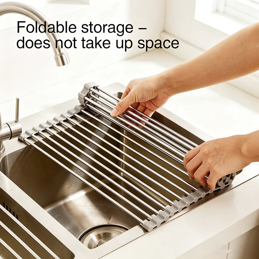 Escurridor de Platos Plegable de Acero Inoxidable, Ahorra Espacio, Organizador de Almacenamiento para Secar Platos, Frutas y Verduras en la Cocina